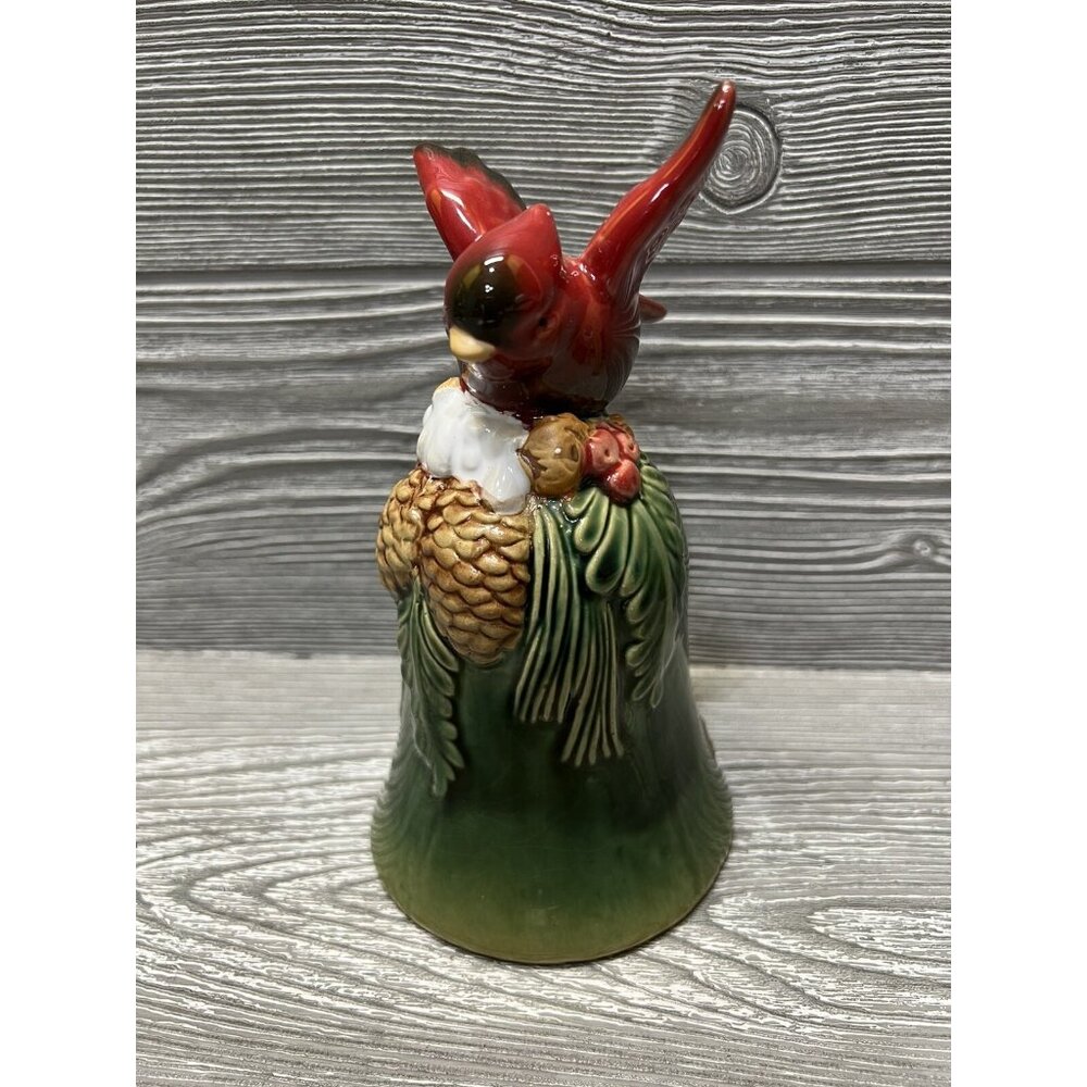 Merry Christmas Cardinal Ceramic Bell Woodland Holiday Decoration 6.5”